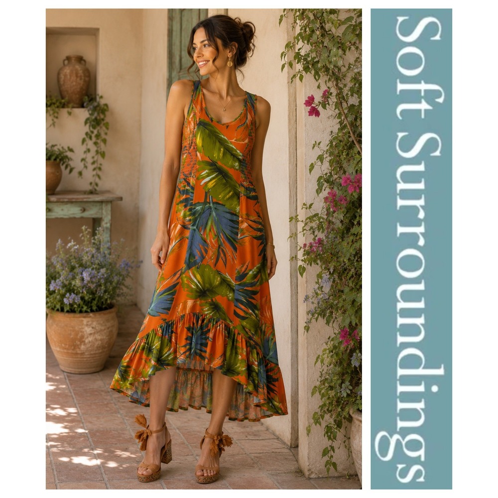 Soft Surroundings Fabiana Tropical Sleeveless High-Low Midi Dress Resort L
